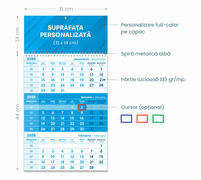 Calendar triptic bleu dimensiuni