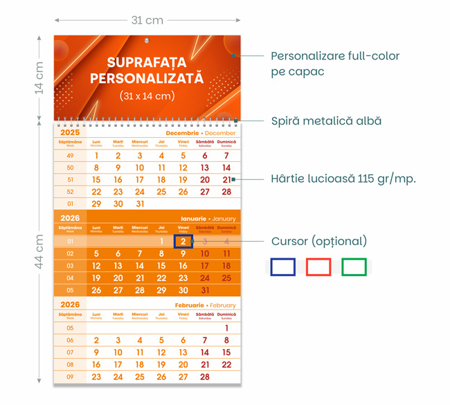 Calendar triptic portocaliu dimensiuni