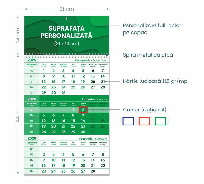 Calendar triptic verde dimensiuni